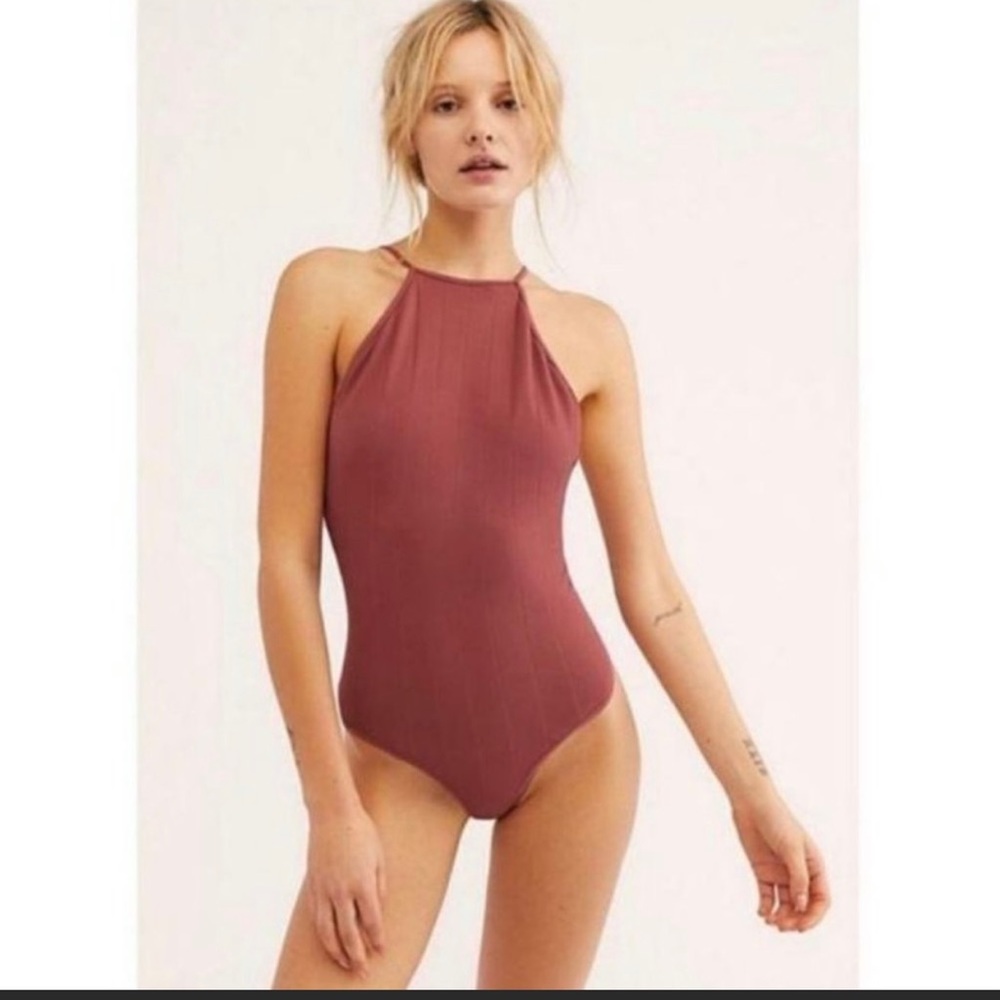 Free People Ribbed High-Neck Bodysuit in Dusty Rose